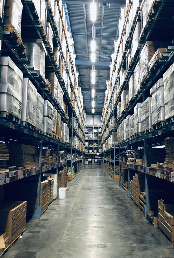 Warehouse with shelves and boxes